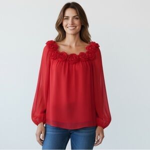 Leslie Fay Flower Rosette Trim Blouse 12 Red Sheer Sexy Romantic Cocktail Party